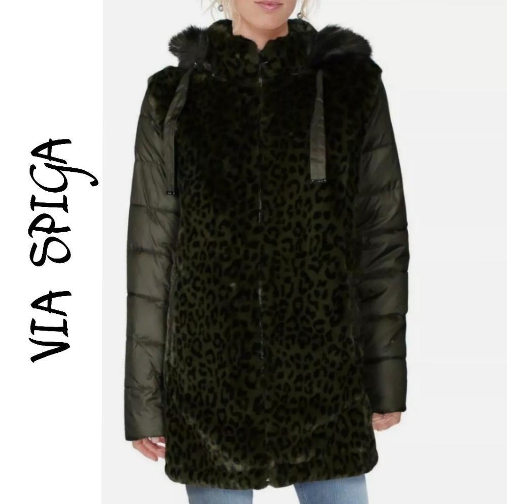 Via Spiga Womens Green Winter Faux Fur Hooded Coat Outerwear M - Picture 1 of 14